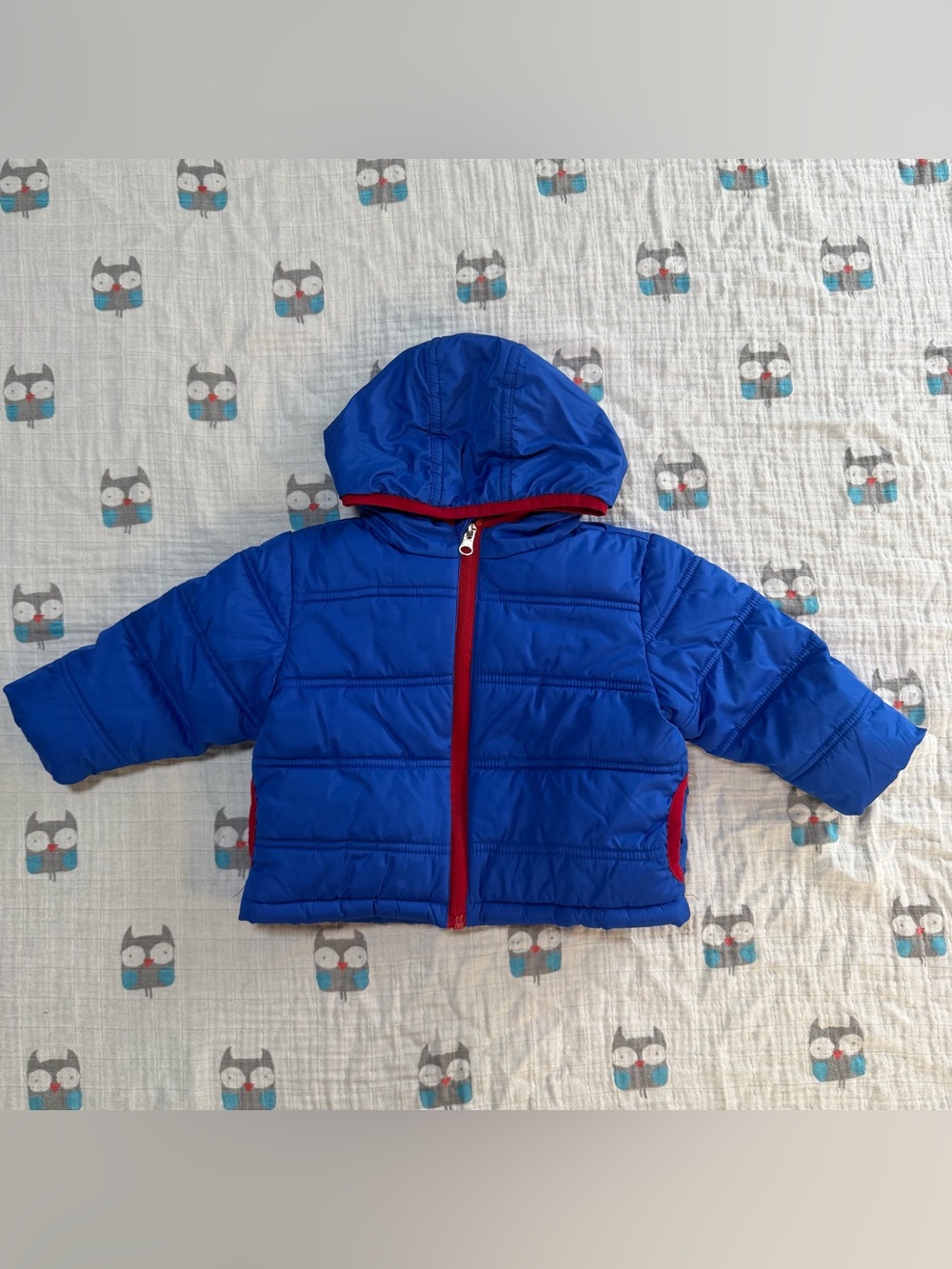 Toddler Blue & Red Hooded Puffer Jacket – Fleece Lined